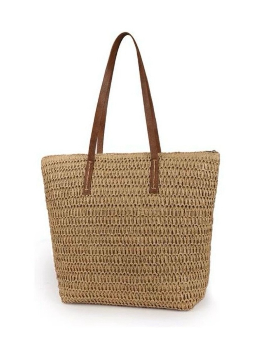 Natural Woven Tote with Tan Handles - Picture 5 of 7